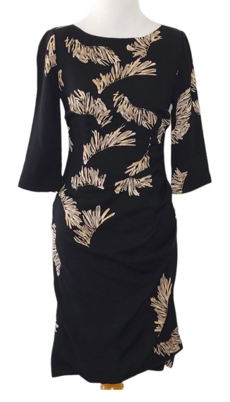 Tracy Reese Silk Ruched Sheath Dress, Black & Beige Abstract Print, Size 4